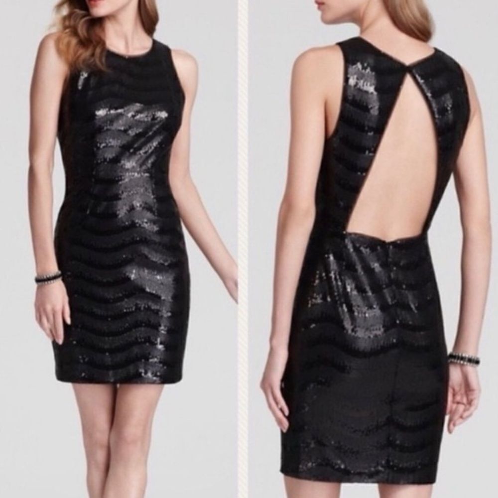 BCBGMaxAzria Women's Enna Black Sequin Cut Out Back Mini Dress Size Small